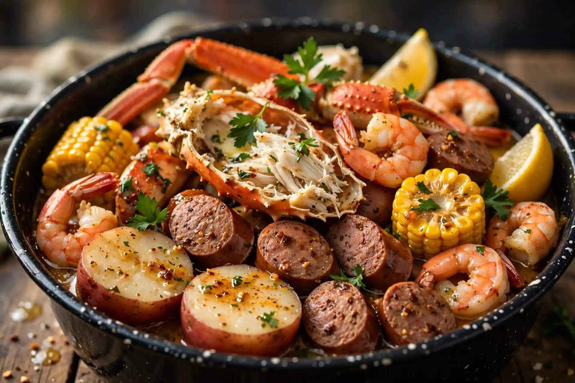 Close-up of seafood boil recipe showing crab legs, shrimp, and corn in Cajun garlic butter sauce — seafood boil recipe