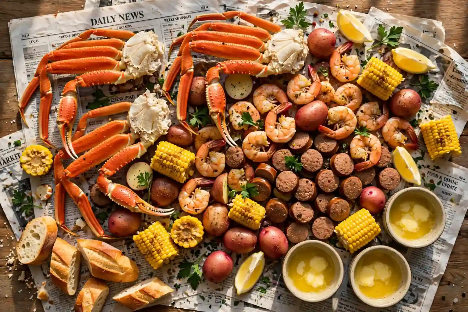 Seafood boil plated with drawn butter, bread, and lemon on a table, ready to serve — seafood boil recipe