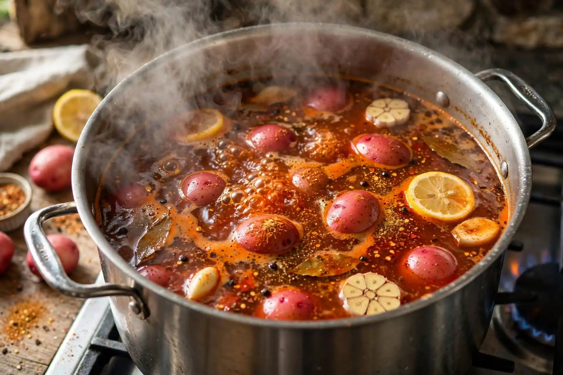 Seasoned boiling water in a large stockpot with potatoes cooking — early step in making seafood boil recipe