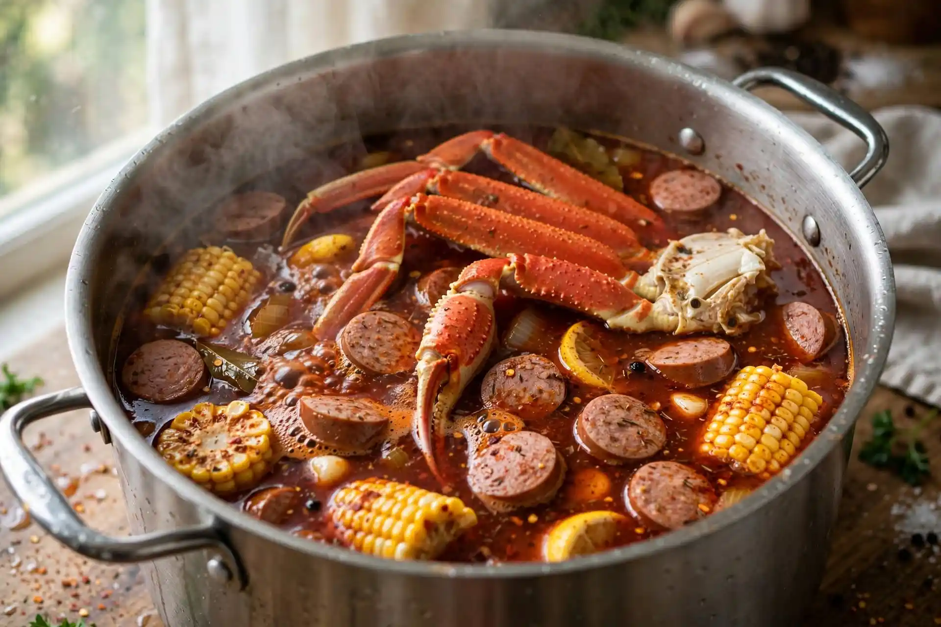 Crab legs and corn cooking in seasoned boil water — midpoint step in seafood boil recipe