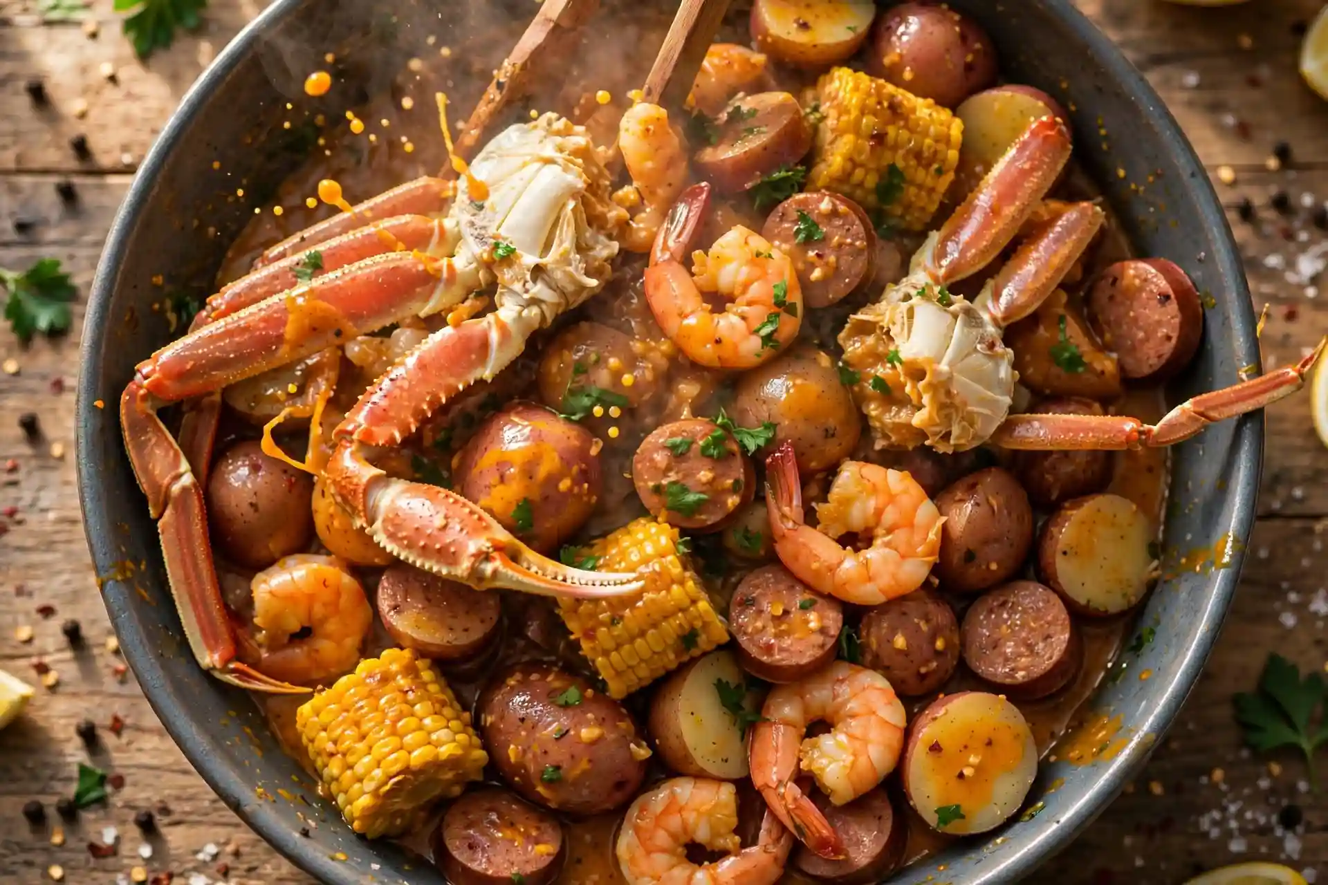 Finished seafood boil being tossed in Cajun garlic butter sauce in a large bowl — final step in seafood boil recipe