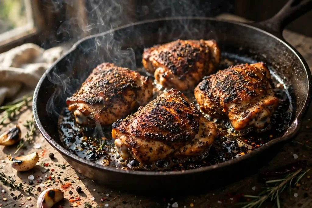 Spice-rubbed chicken thighs searing in a cast iron skillet with dark crust forming — step in making chicken tacos