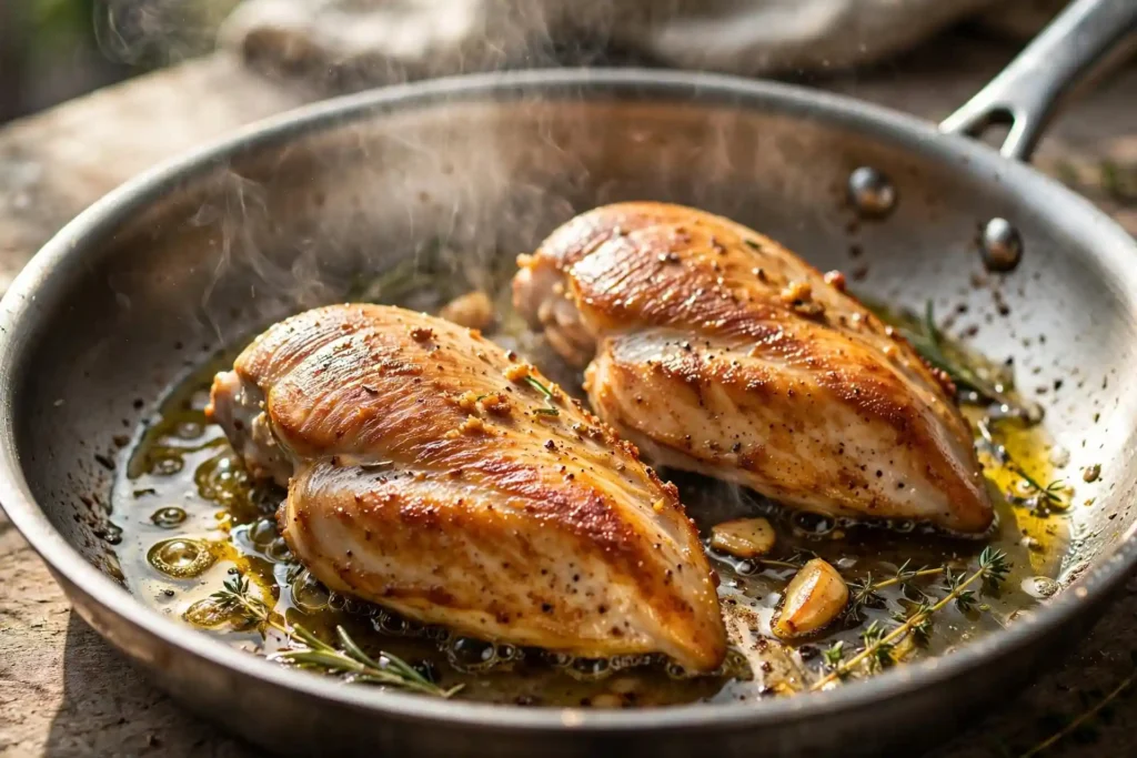 Chicken breasts forming a golden crust in a hot skillet — step 2 in making marry me chicken