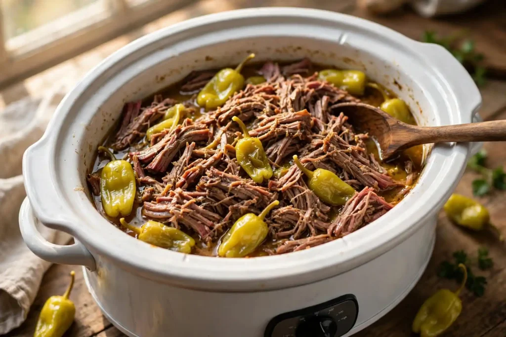 Finished shredded mississippi pot roast beef stirred into glossy drippings in a white slow cooker, pepperoncini peppers visible throughout — ready to serve