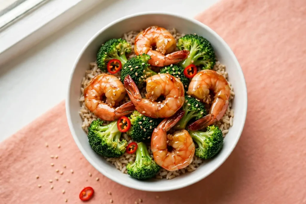 Shrimp and broccoli stir-fry over brown rice in a white bowl — quick high protein meal prep dinner
