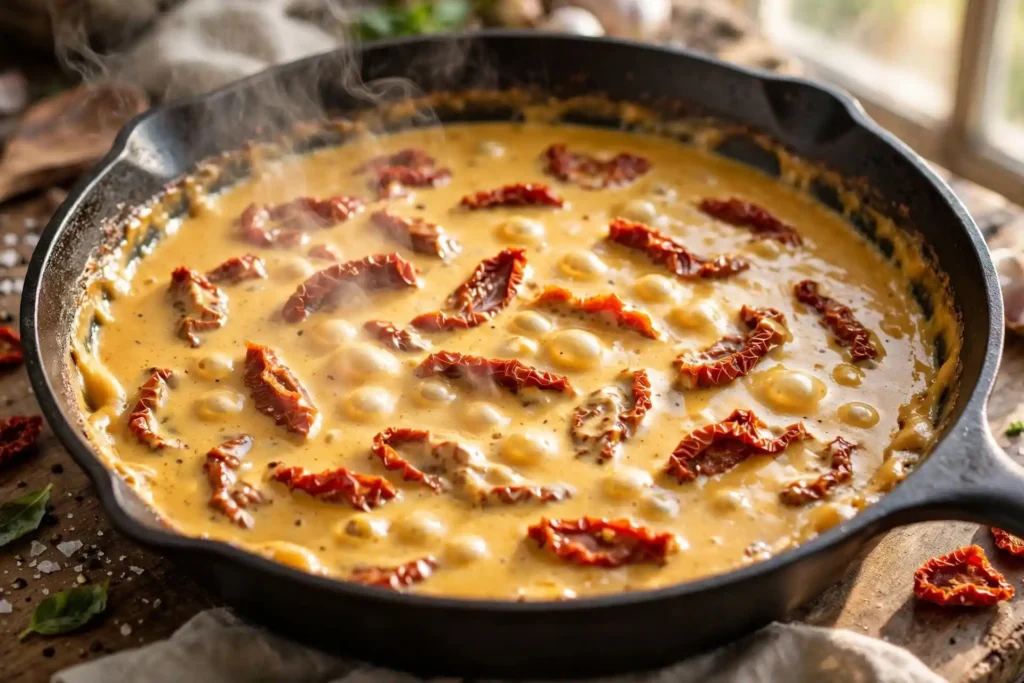 Creamy sun-dried tomato sauce simmering and thickening in a skillet — midpoint step in making marry me chicken
