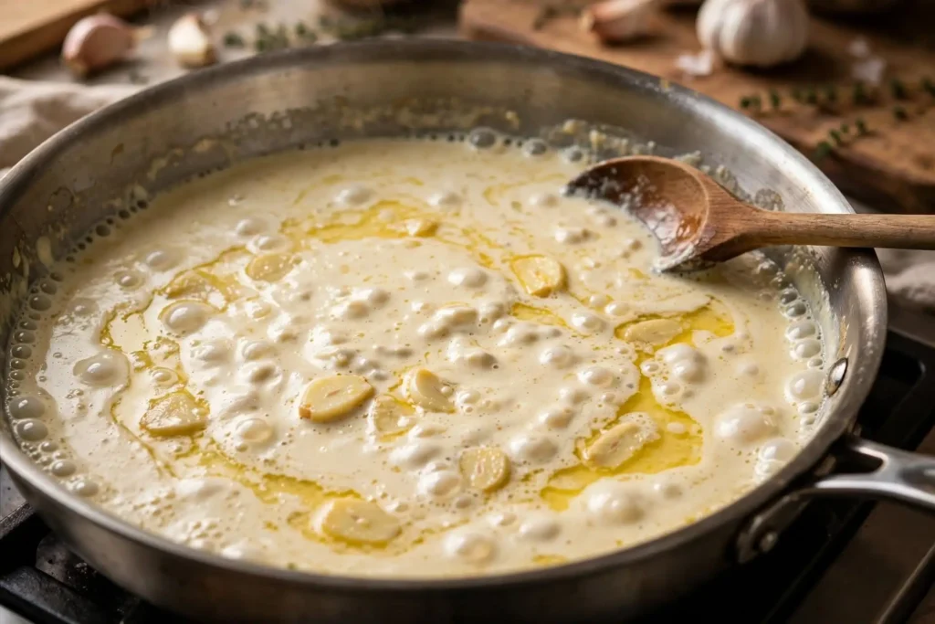 Heavy cream simmering and reducing in a skillet — midpoint step in making alfredo sauce recipe