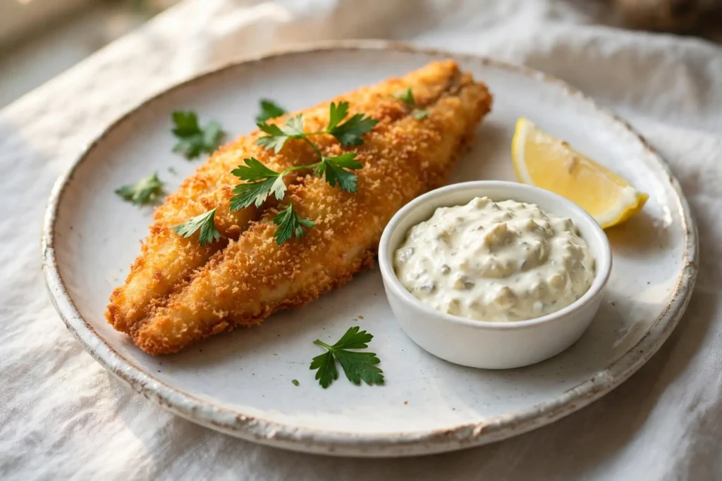 Fried fish fillet plated with a ramekin of homemade tartar sauce and a lemon wedge on a white ceramic plate — tartar sauce recipe serving suggestion