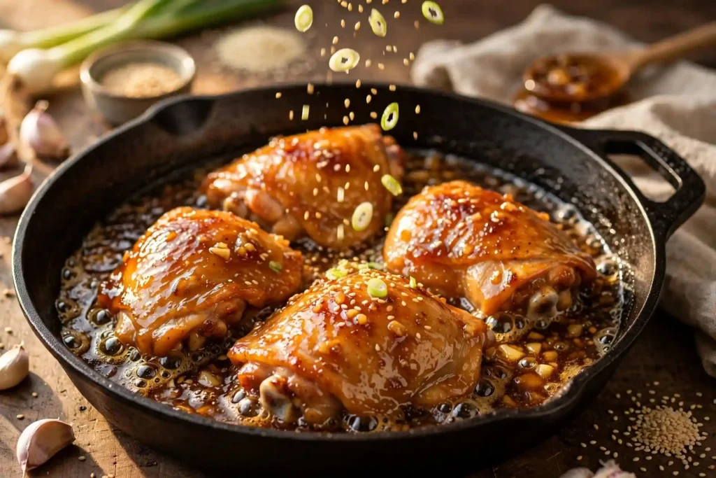 Honey garlic chicken being basted with sticky amber sauce in a skillet — final step before plating