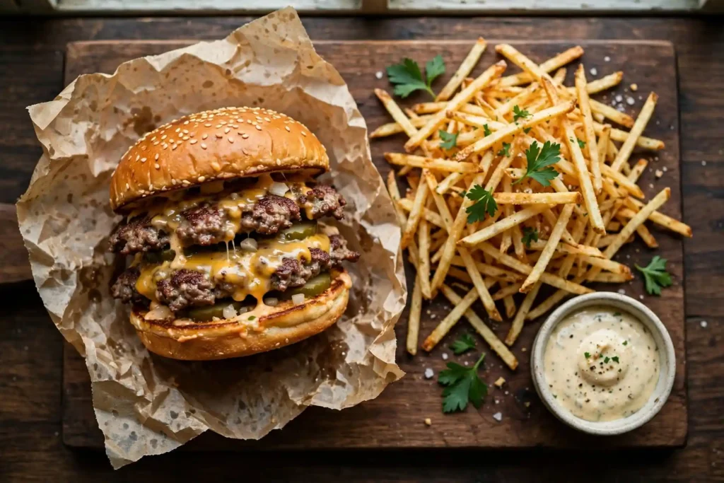 Smash burger served with shoestring fries and dipping sauce on a wooden board — smash burger recipe