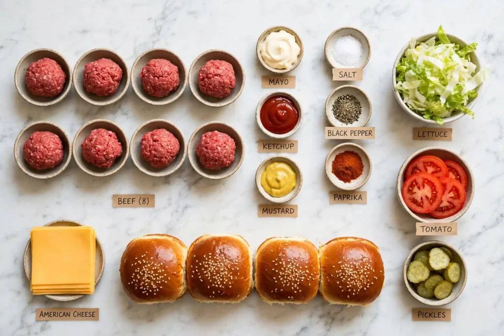 All ingredients for smash burger recipe laid out flat on white marble including ground beef balls, sauce ingredients, cheese and brioche buns — smash burger ingredients