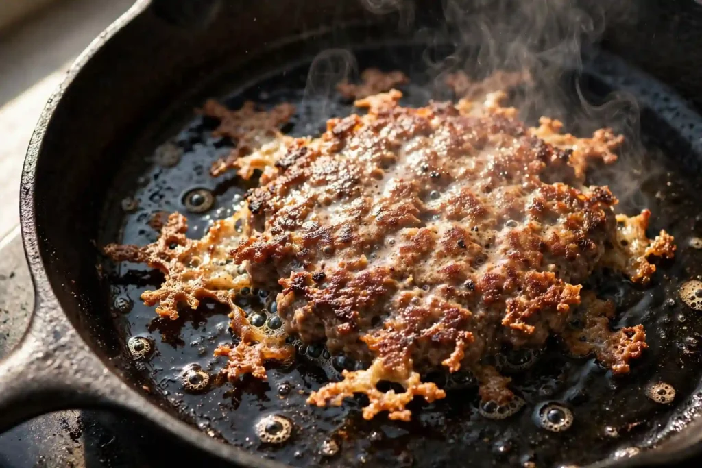 Smash burger patty cooking on a cast iron skillet with crispy golden-brown edges forming — step in making smash burger recipe