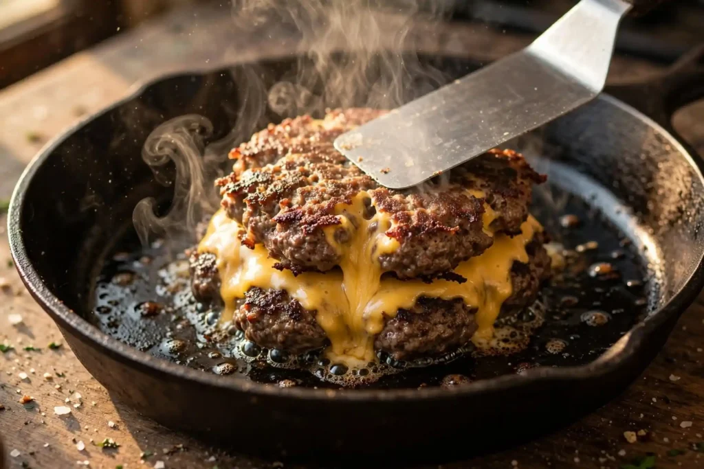 Two smash burger patties being stacked in a cast iron skillet with melted cheese between them — step in making smash burger recipe