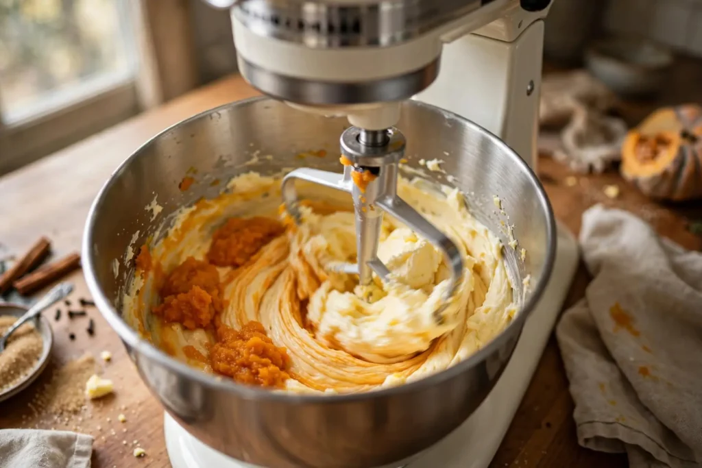Pumpkin puree being mixed into creamed butter and sugar in a stand mixer — midpoint step in making pumpkin cookies