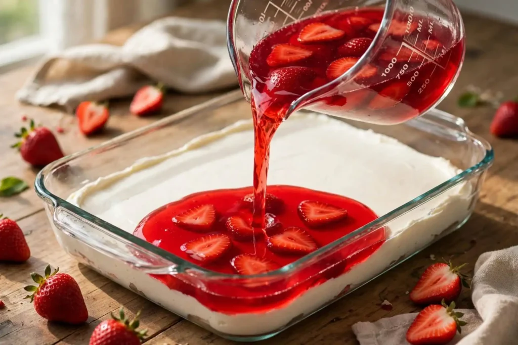 Strawberry gelatin being poured over cream cheese layer in a baking pan — step in making strawberry pretzel salad