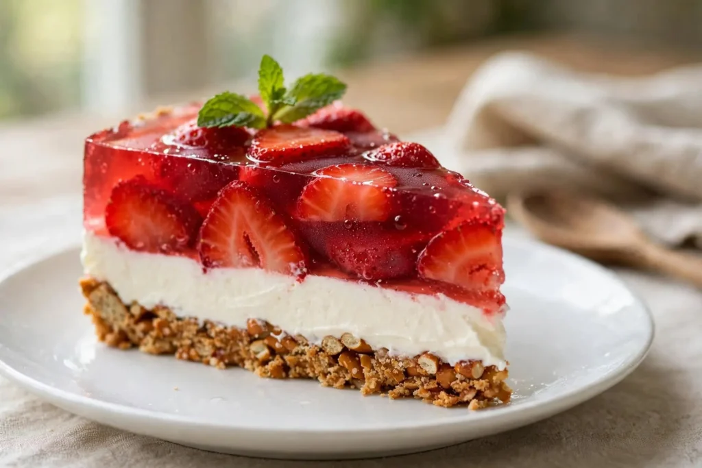 Slice of strawberry pretzel salad on a white plate showing three distinct layers: golden pretzel crust, white cream cheese filling, and ruby-red strawberry gelatin — strawberry pretzel salad