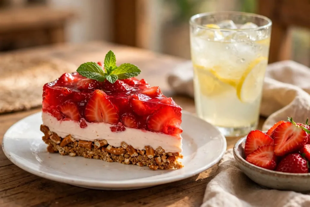 Strawberry pretzel salad plated with a glass of lemonade and fresh strawberries, ready to serve — strawberry pretzel salad
