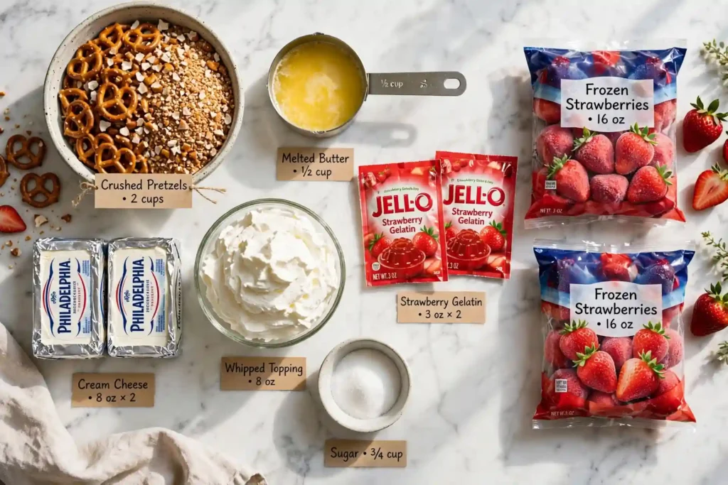 All ingredients for strawberry pretzel salad arranged flat on white marble — strawberry pretzel salad ingredients