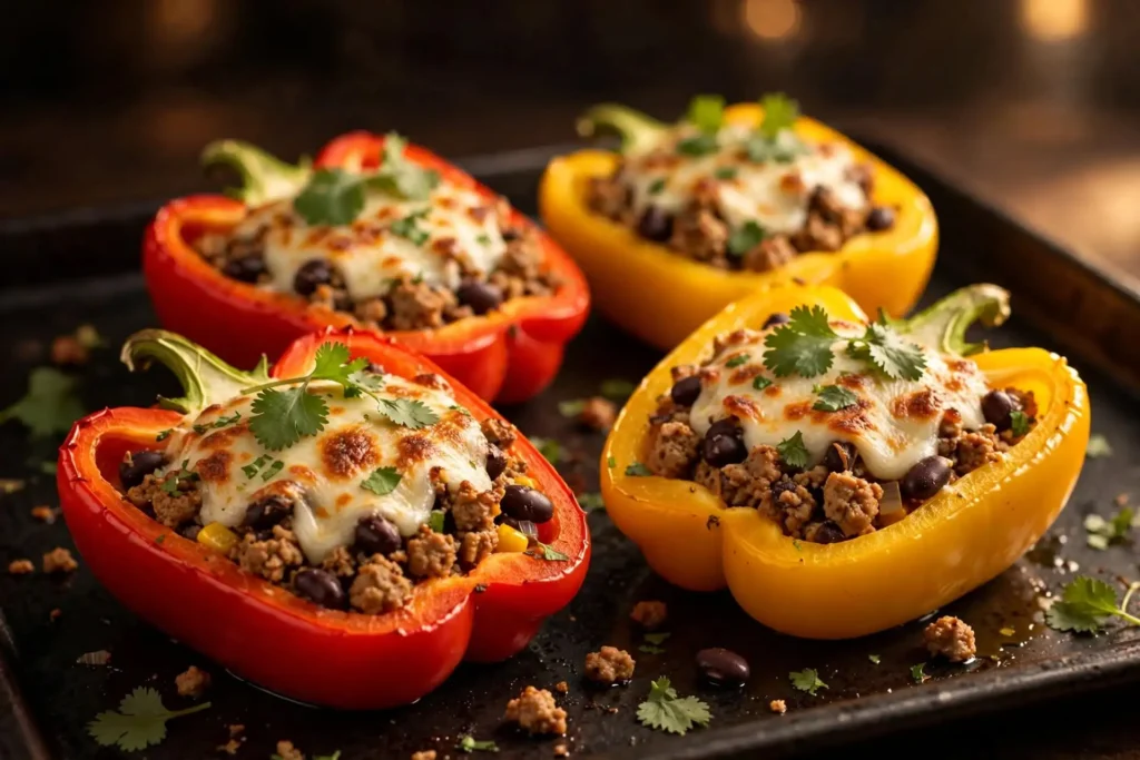 Turkey and black bean stuffed bell peppers with melted cheese on a baking sheet — high protein and high fiber meal prep