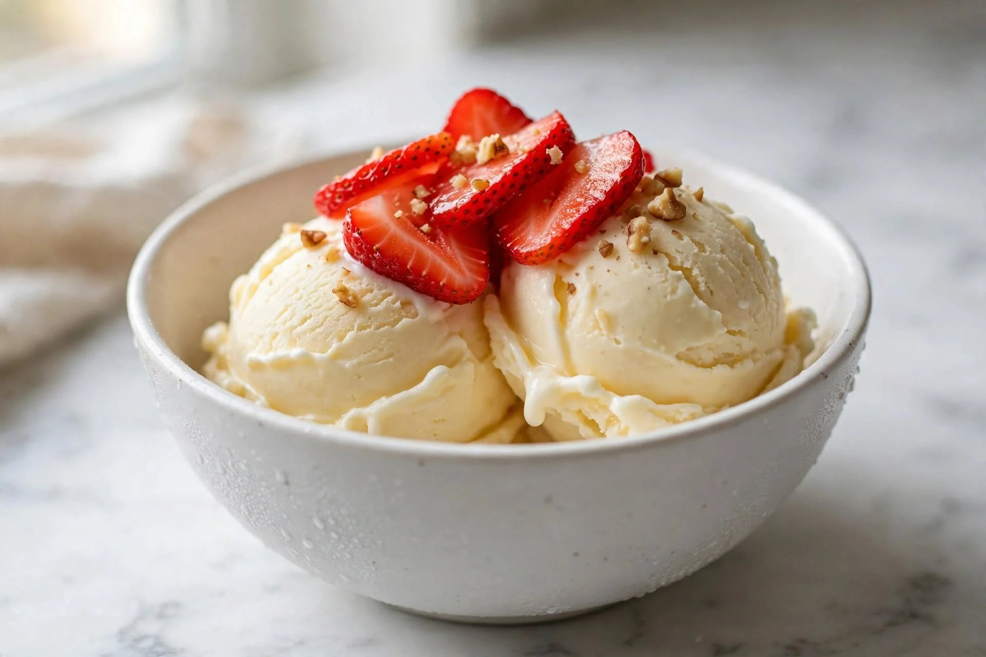 Banana nice cream in a white bowl topped with strawberries and walnuts — a two-ingredient no-bake sugar free dessert