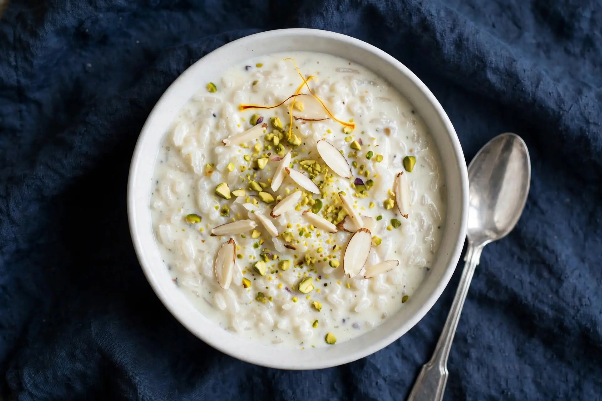 Sugar free kheer in a white bowl with pistachio and saffron garnish — a South Asian no-sugar rice pudding