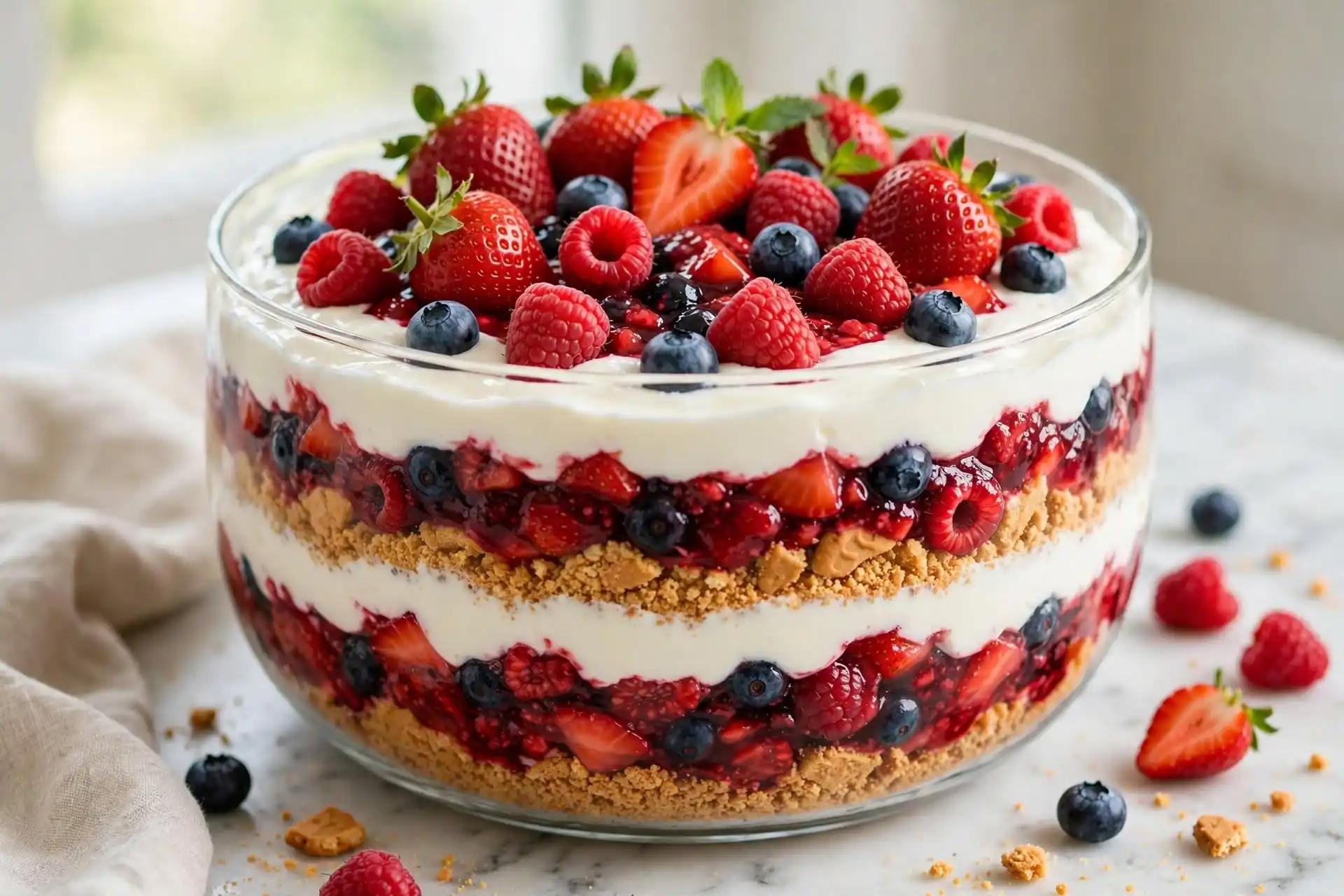 Sugar free yogurt berry trifle in a glass bowl with layered berries and cream — a no-bake crowd-friendly sugar free dessert