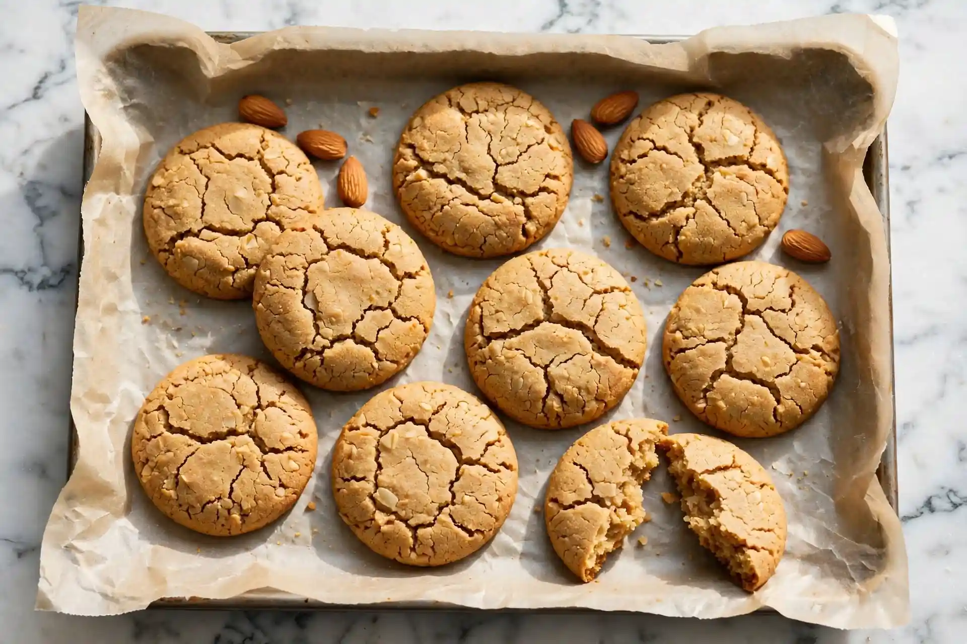 Almond flour cookies on a baking tray, golden and chewy — a gluten-free sugar free dessert option