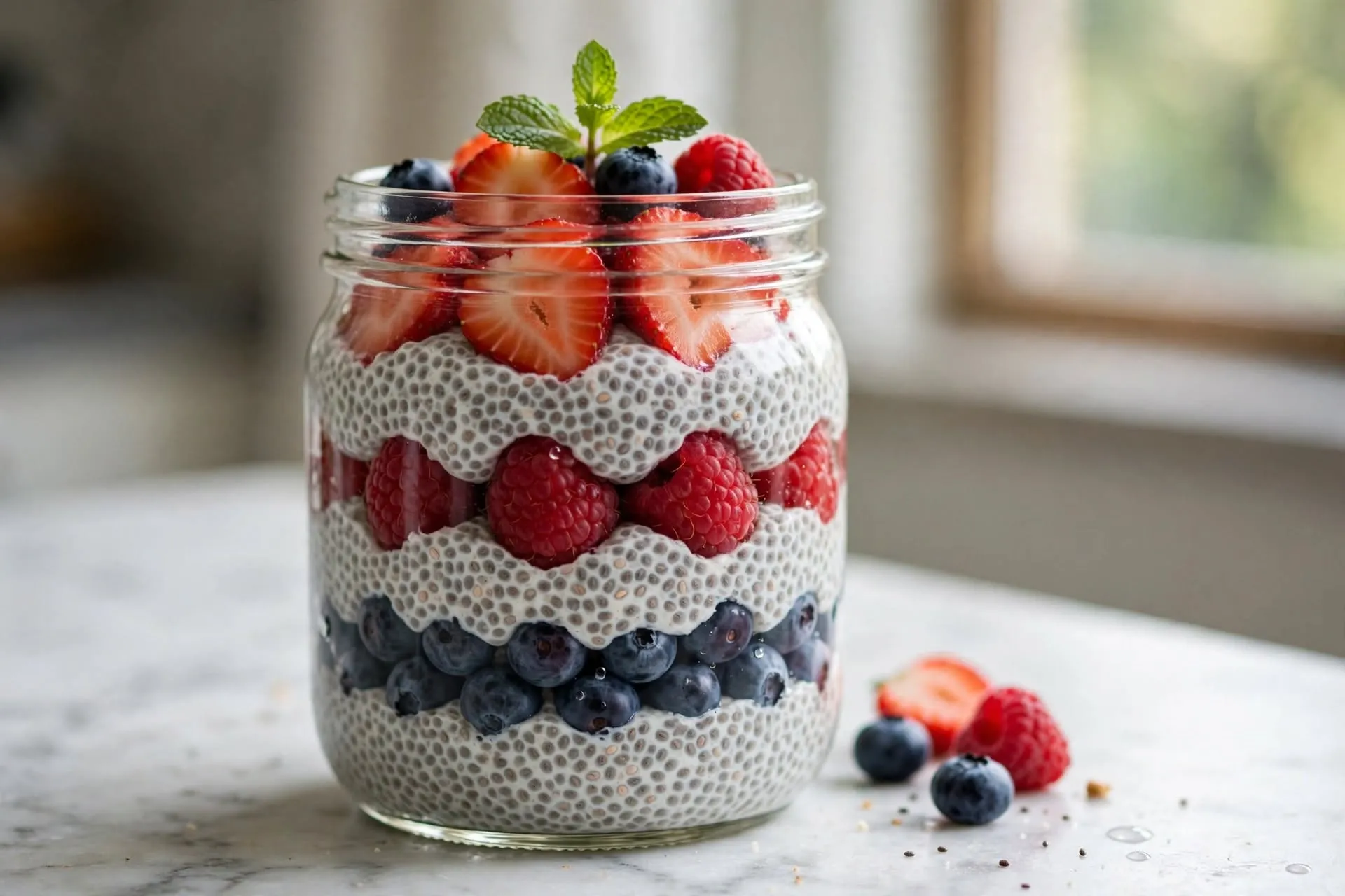 Chia seed pudding topped with mixed berries in a glass jar — a simple make-ahead sugar free dessert