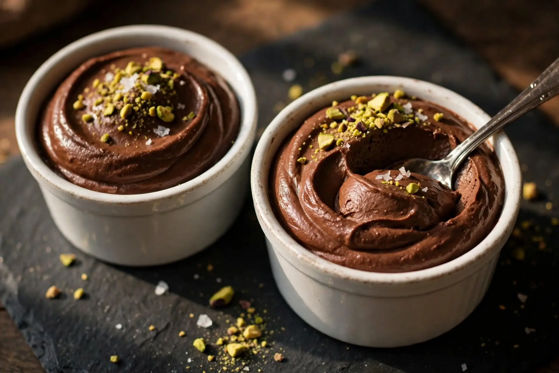Avocado chocolate mousse in white ramekins with pistachios and flaky salt — a rich no-bake sugar free dessert