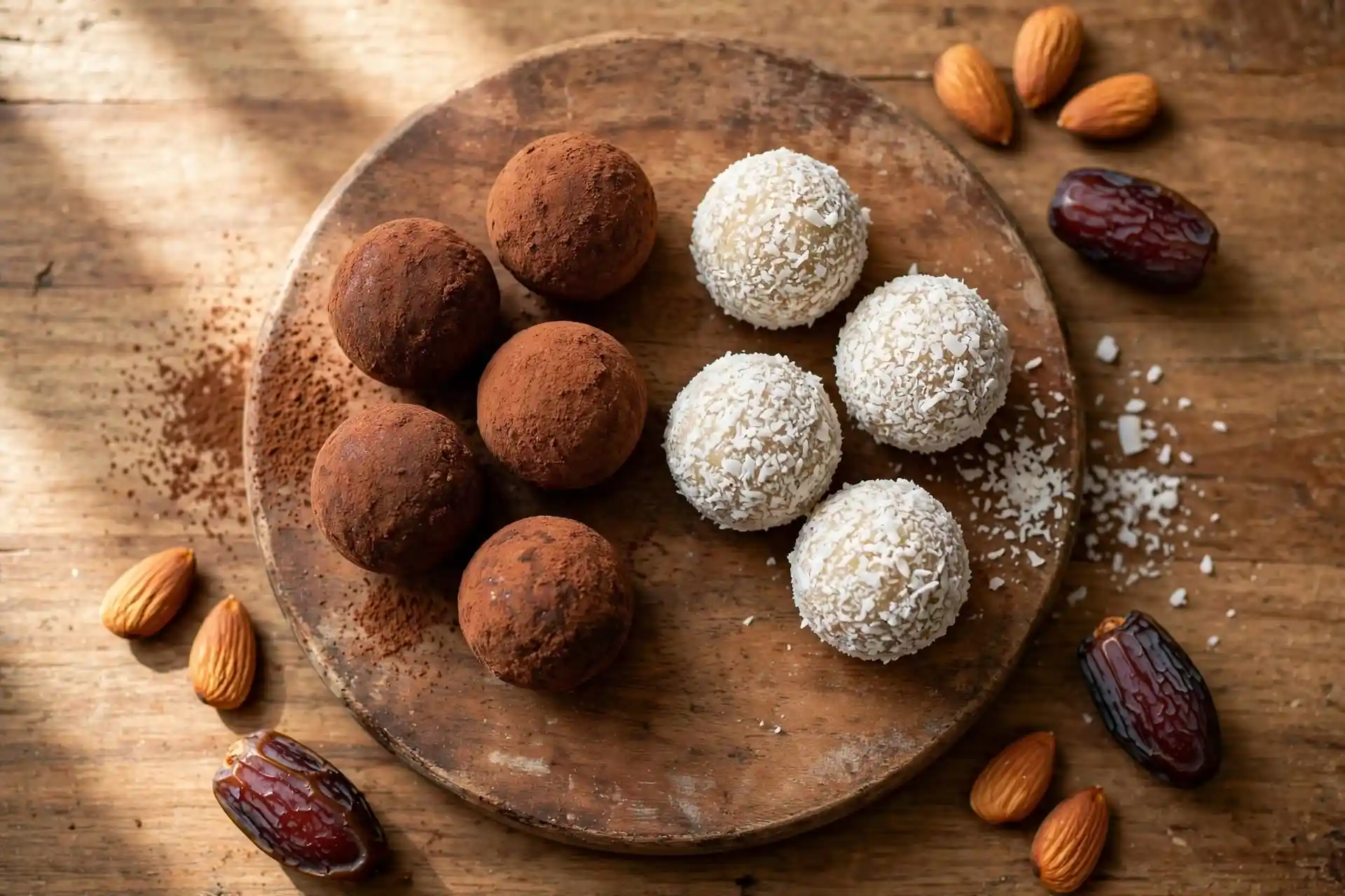 Date and nut energy balls on a wooden board rolled in cocoa and coconut — a naturally sweet, no-bake sugar free dessert