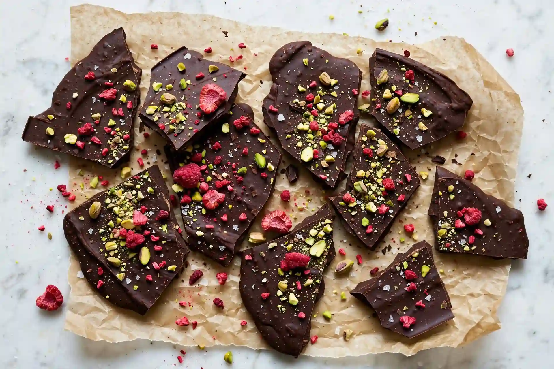 Sugar free dark chocolate bark with pistachios and freeze-dried raspberries on parchment paper