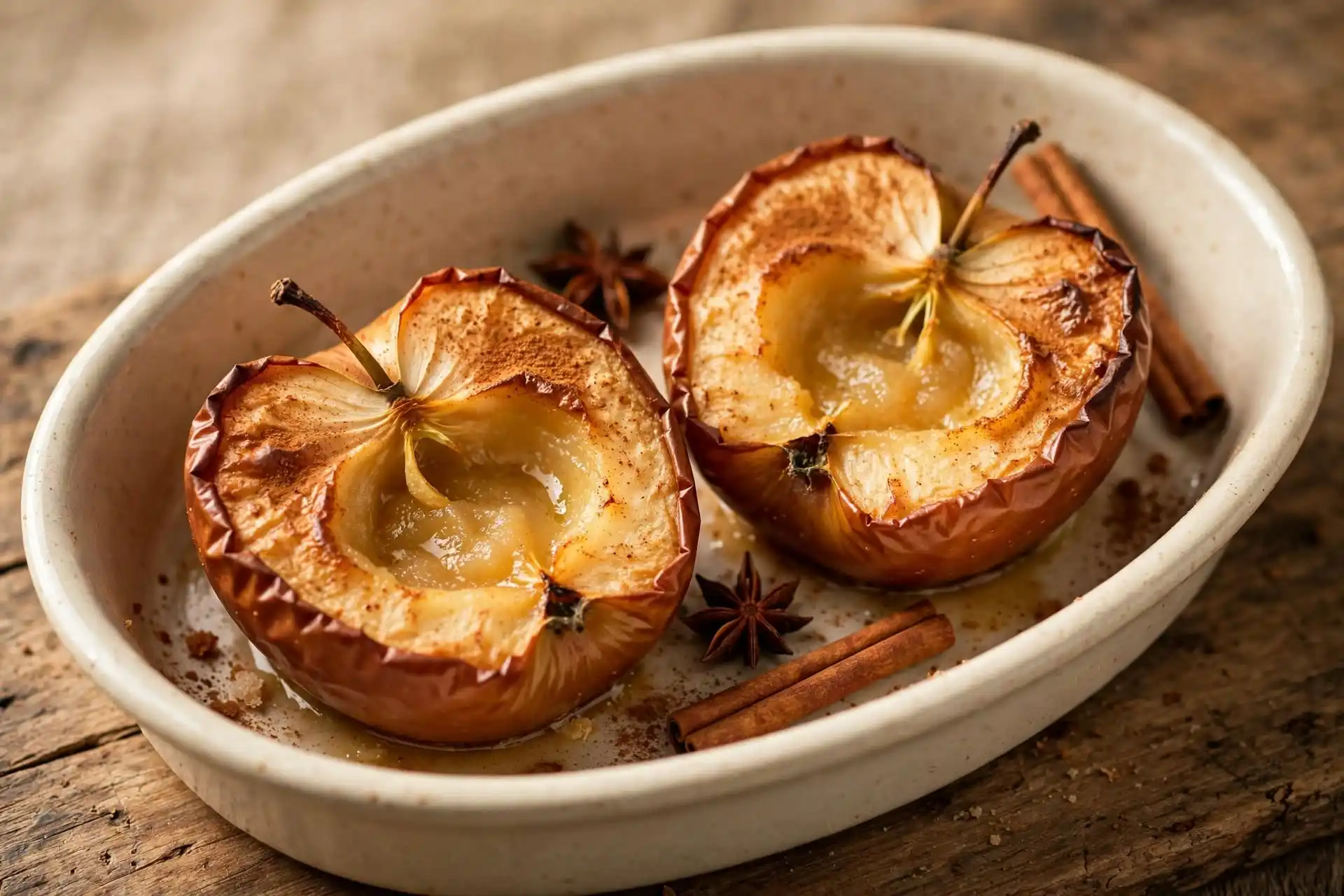 Baked cinnamon apples in a ceramic dish, caramelized and golden — a simple warm sugar free dessert