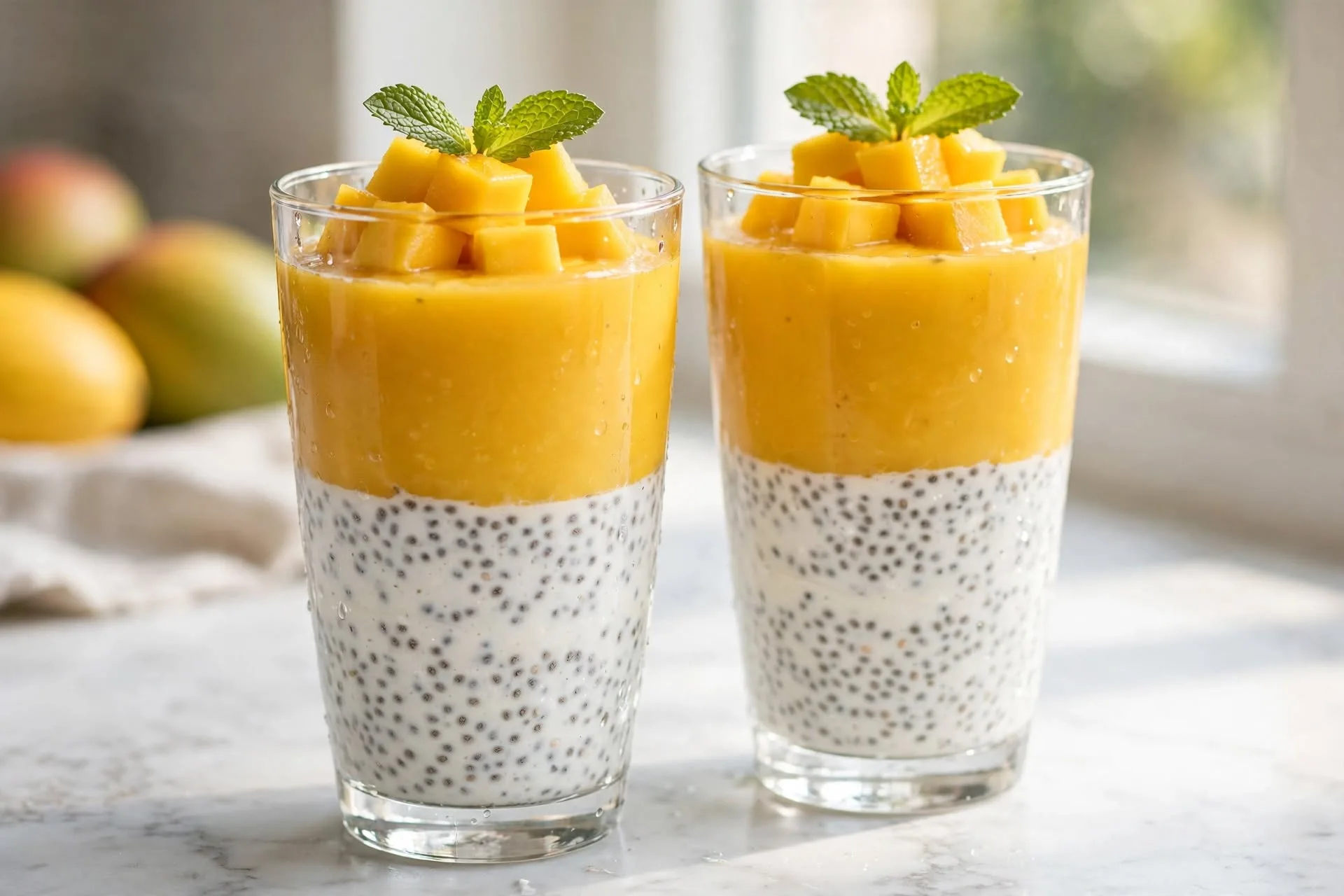 Mango coconut chia parfait in clear glasses with distinct layers — a tropical no-bake sugar free dessert