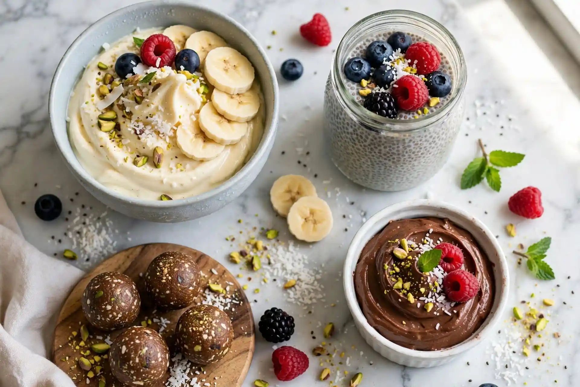 A spread of banana nice cream, chia pudding, avocado mousse, and date energy balls from this sugar free desserts collection