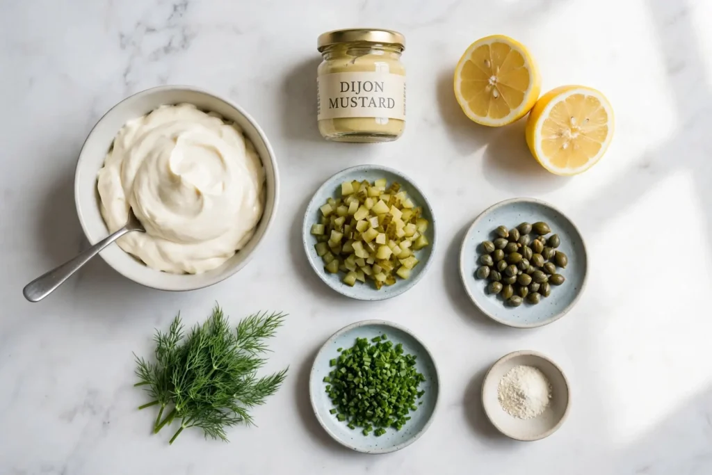 All ingredients for homemade tartar sauce laid out flat on white marble including mayo, dill pickles, capers, and fresh herbs — tartar sauce recipe ingredients