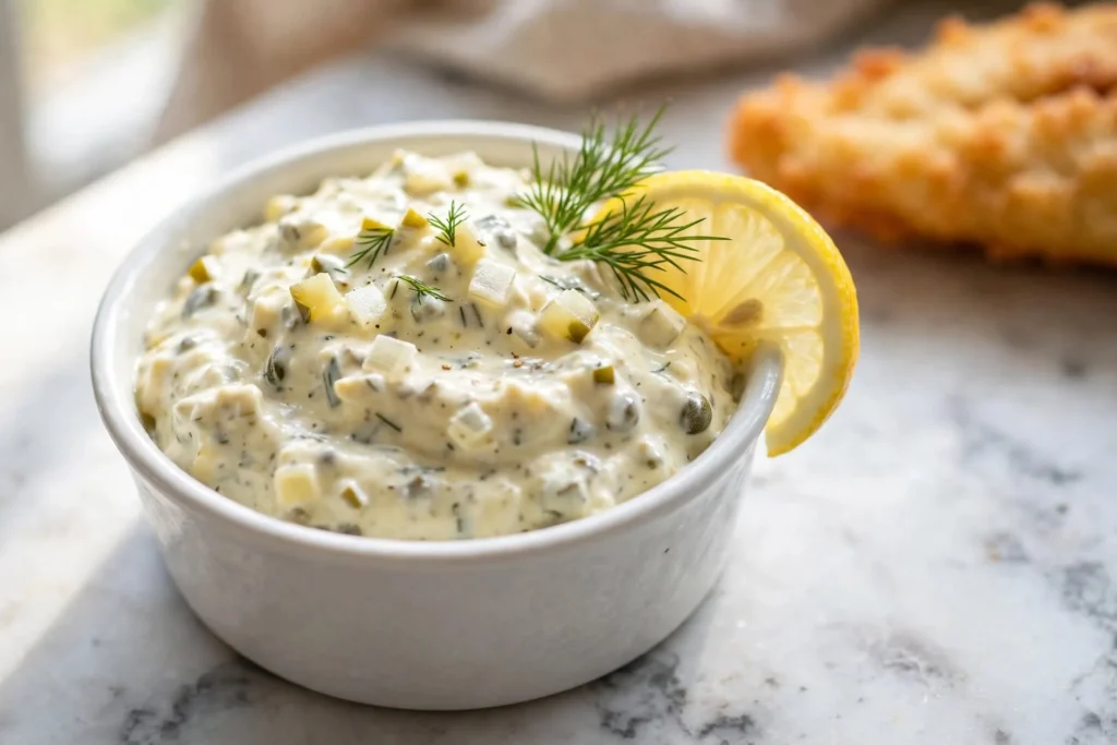 Homemade tartar sauce in a white ceramic ramekin garnished with fresh dill and a lemon slice on white marble, natural window light — tartar sauce recipe