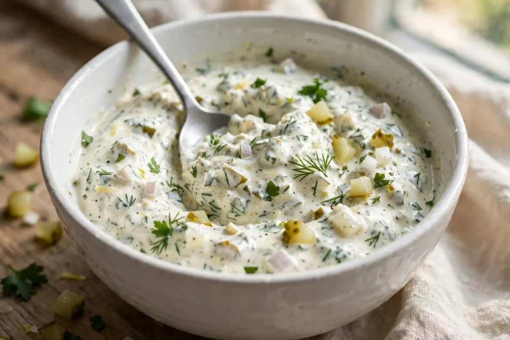 Tartar sauce ingredients being stirred together in a bowl with a spoon, visible herbs and pickle pieces throughout — step in making tartar sauce recipe