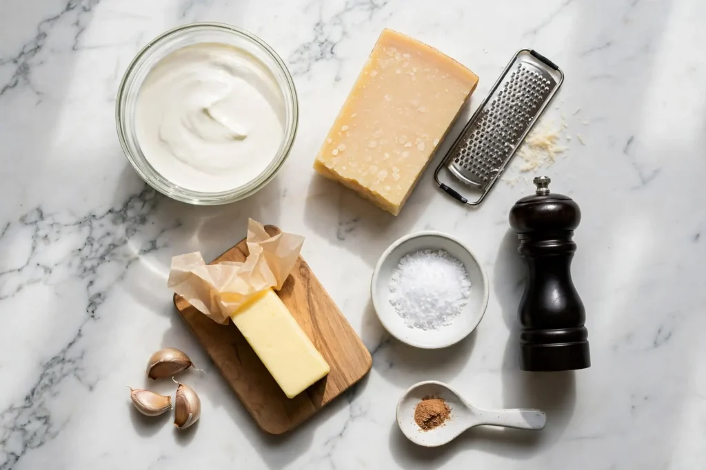 All ingredients for alfredo sauce recipe laid out flat on white marble — alfredo sauce recipe ingredients