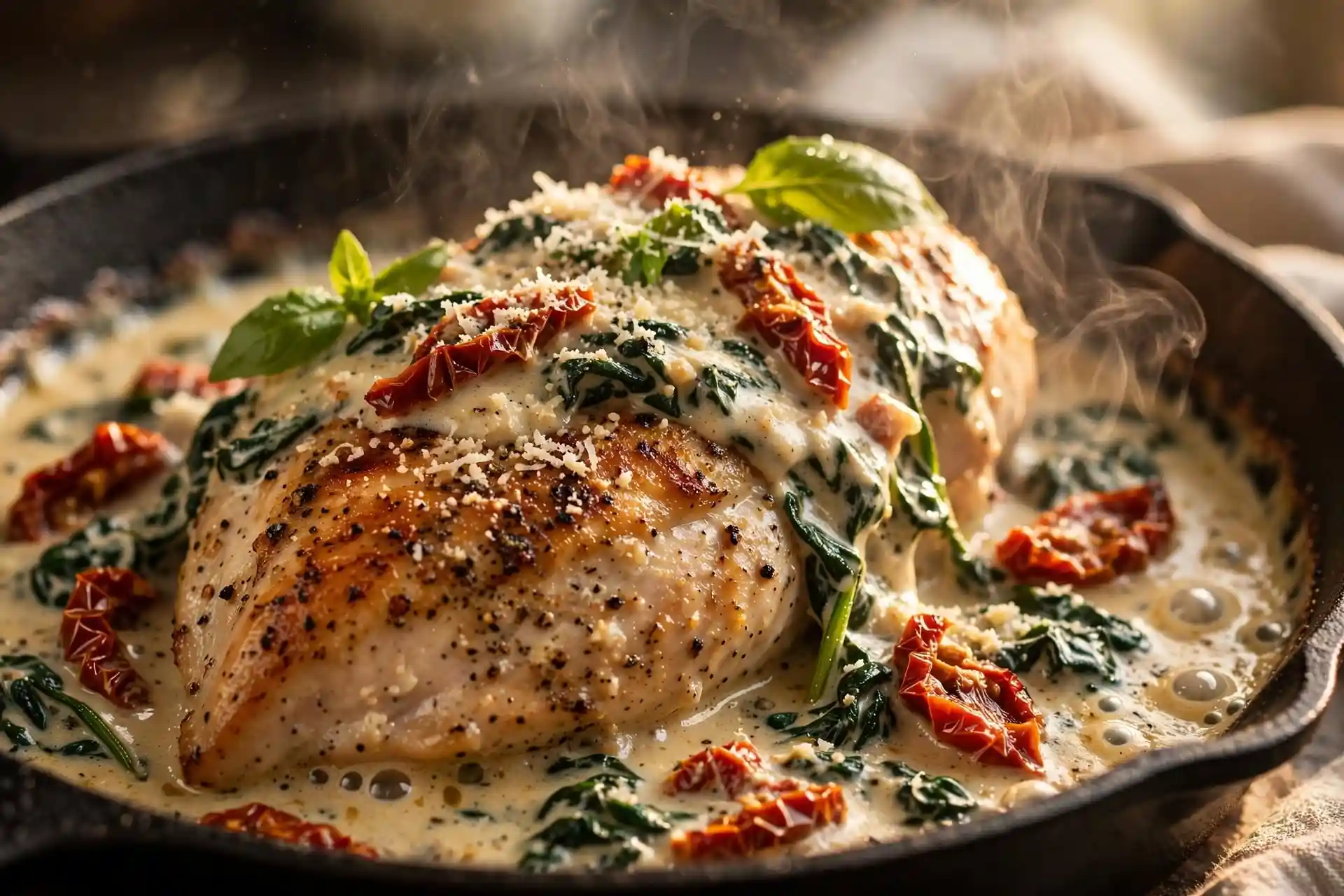 Close-up of tuscan chicken breast in cream sauce with sun-dried tomatoes, wilted spinach, and fresh basil — tuscan chicken recipe