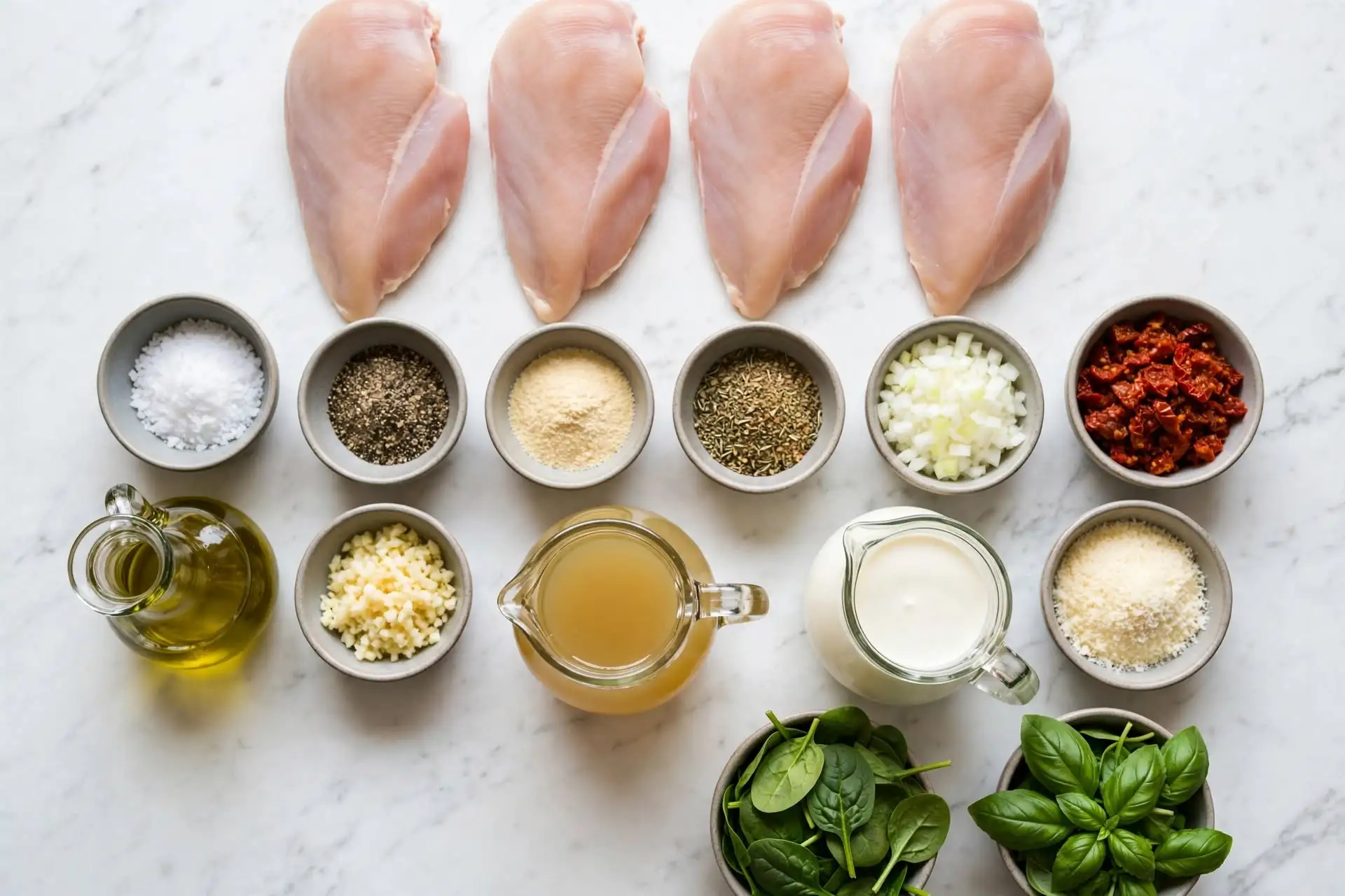 All ingredients for tuscan chicken laid out flat on white marble including chicken breasts, sun-dried tomatoes, spinach, cream, parmesan, and garlic — tuscan chicken recipe ingredients