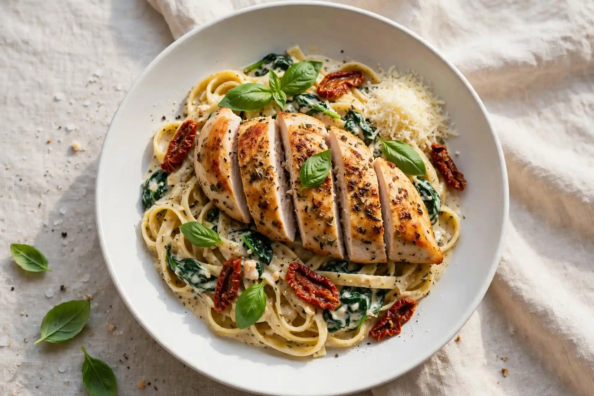 Tuscan chicken served over fettuccine pasta in a white bowl with cream sauce, sun-dried tomatoes, and fresh basil — tuscan chicken recipe serving suggestion