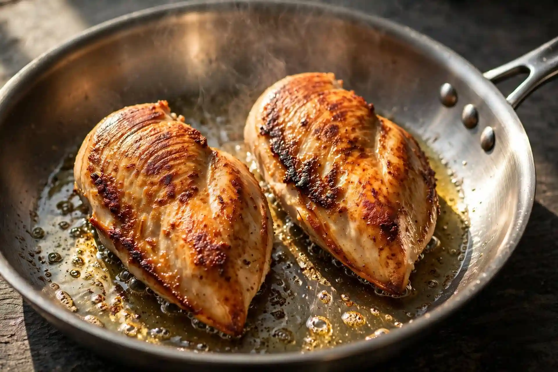 Chicken breasts searing in a hot skillet with golden brown crust forming on the surface — step in making tuscan chicken recipe