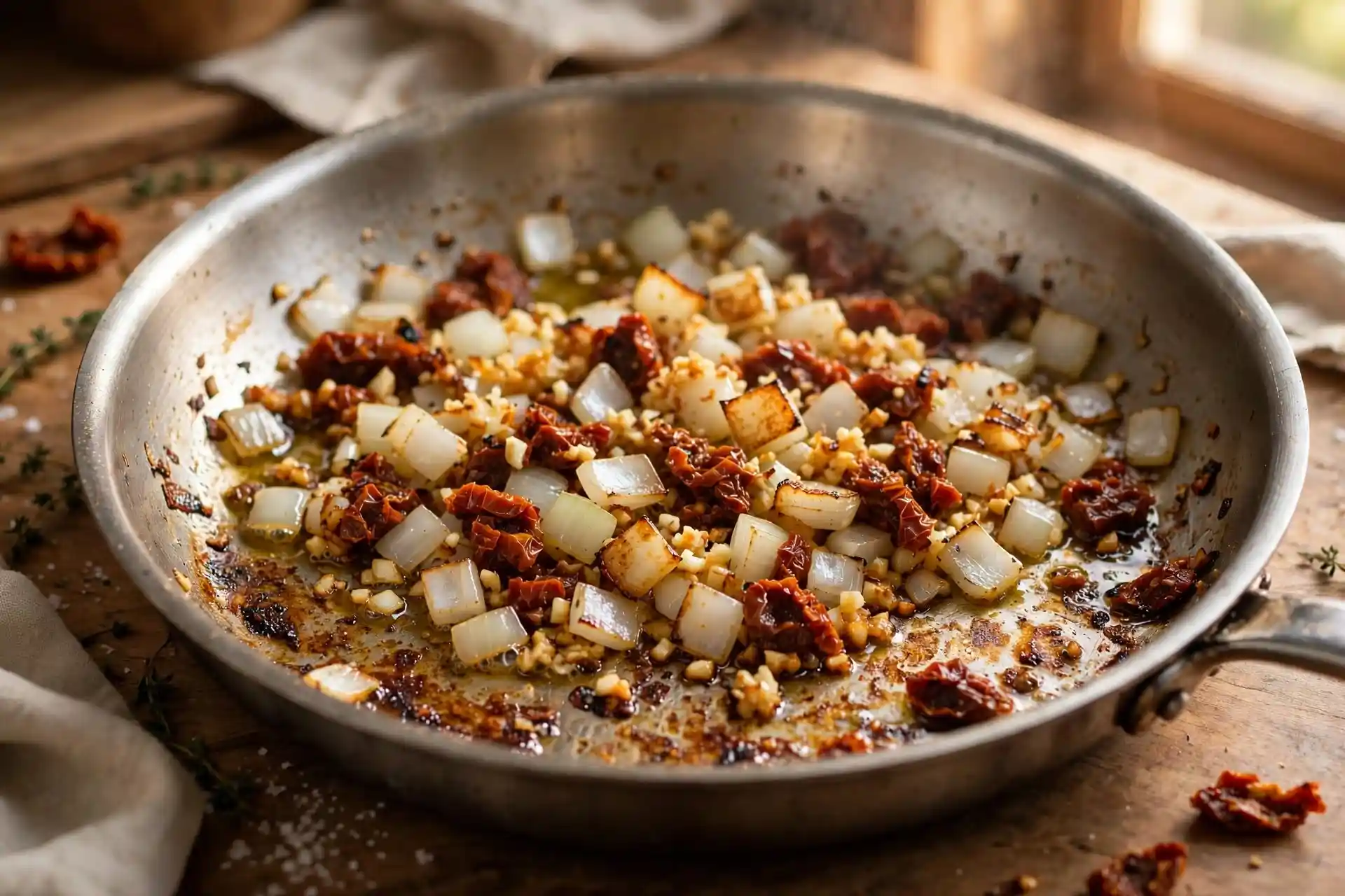 Onions, garlic, and sun-dried tomatoes cooking in a pan with caramelized fond — step in making tuscan chicken recipe