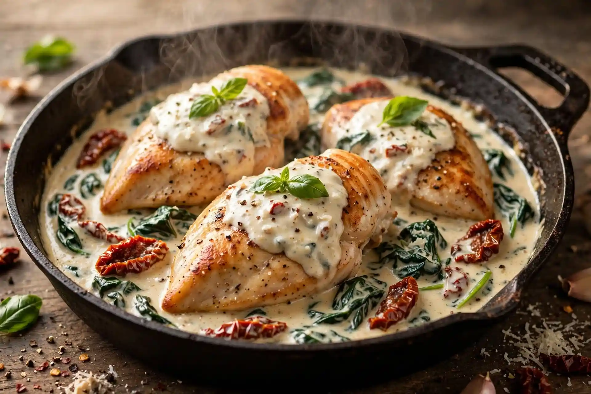 Chicken breasts returned to cream sauce with spinach in a skillet — final step in tuscan chicken recipe