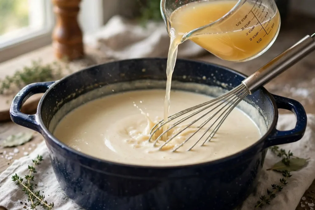 Broth being whisked into a roux in a pot — step in making broccoli cheddar soup