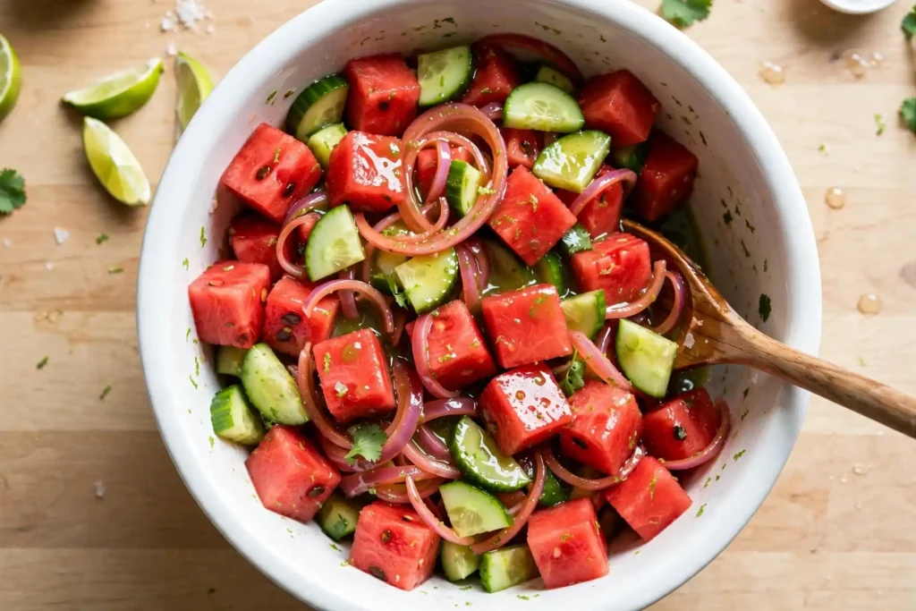 Watermelon, cucumber, and red onion being gently tossed together in a bowl with lime dressing, mid-step in making watermelon salad