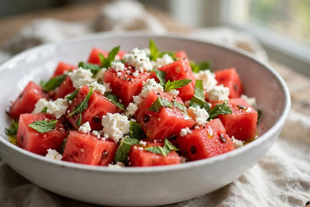 Finished watermelon salad with feta and torn mint in a wide white bowl, ready to serve