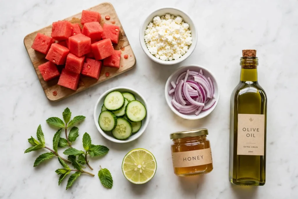All ingredients for watermelon salad laid out flat on white marble including watermelon, feta, cucumber, mint, and lime — watermelon salad ingredients