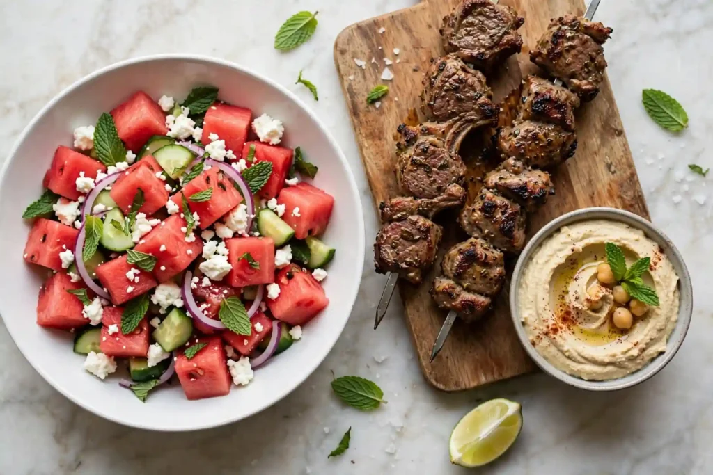 Watermelon salad with crumbled feta plated alongside grilled kebabs and hummus on a marble surface, ready to serve — watermelon salad