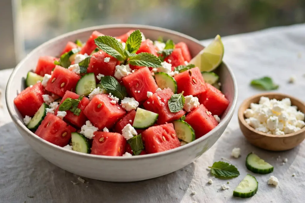 Watermelon salad with feta, mint, and cucumber in a wide white bowl on grey linen, garnished with fresh mint and a lime wedge — watermelon salad